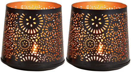 2x Theelichthouders/waxinelichthouders windlichten zwart/goud rondjes/cirkels patroon 13 cm
