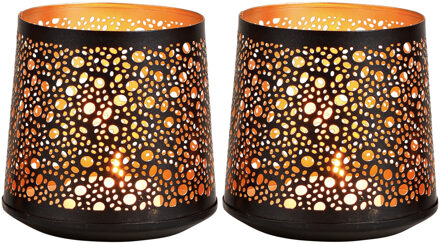2x Theelichthouders/waxinelichthouders windlichten zwart/goud rondjes/druppels patroon 13 cm