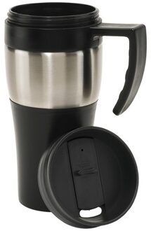 2x Thermosbekers/warmhoudbekers met handgreep zilver/zwart 400 ml - Thermo koffie/thee isoleerbekers dubbelwandig met schroefdop