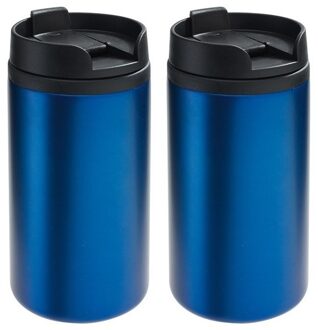 2x Thermosbekers/warmhoudbekers metallic blauw 290 ml - Thermo koffie/thee isoleerbekers dubbelwandig met schroefdop