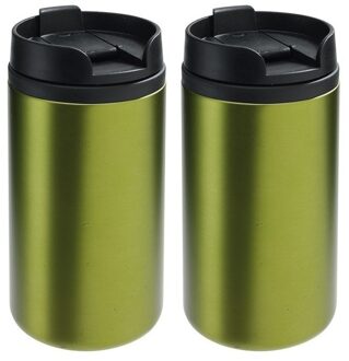 2x Thermosbekers/warmhoudbekers metallic groen 290 ml - Thermo koffie/thee isoleerbekers dubbelwandig met schroefdop