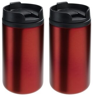 2x Thermosbekers/warmhoudbekers metallic rood 290 ml - Thermo koffie/thee isoleerbekers dubbelwandig met schroefdop