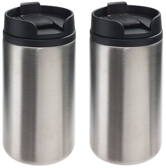 2x Thermosbekers/warmhoudbekers metallic zilver 290 ml - Thermo koffie/thee isoleerbekers dubbelwandig met schroefdop