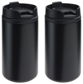 2x Thermosbekers/warmhoudbekers metallic zwart 290 ml - Thermo koffie/thee isoleerbekers dubbelwandig met schroefdop