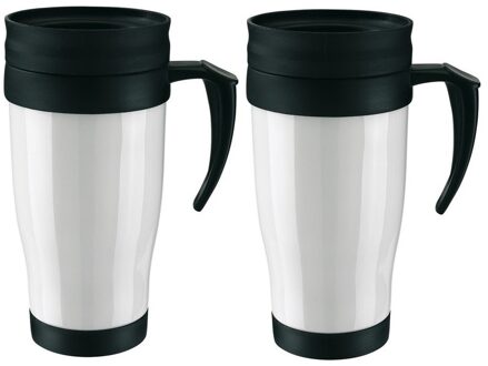 2x Thermosbekers/warmhoudbekers wit/zwart 400 ml - Thermo koffie/thee bekers dubbelwandig met schroefdop 2 stuks