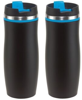 2x Thermosbekers/warmhoudbekers zwart/blauw 400 ml - Thermo koffie/thee isoleerbekers dubbelwandig met schroefdop