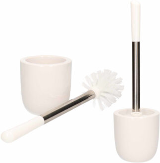 2x Toiletborstels met houder wit dolomiet RVS 39 cm