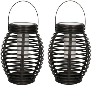 2x Tuindecoratie solar lantaarns lampen zwart met vlam effect 19 cm - Lantaarns