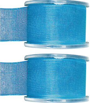 2x Turquoise organzalint rollen 4 cm x 20 meter cadeaulint verpakkingsmateriaal - Cadeaulinten Blauw