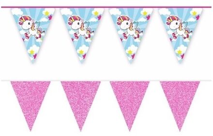 2x Vlaggenlijnen eenhoorn en roze glitters 10 meter Multi