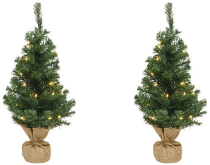 2x Volle mini kerstbomen groen in jute zak met verlichting 45 cm