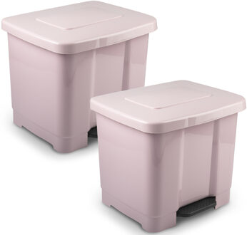 2x vuilnisbak/pedaalemmer - 2-vaks - roze - 35 liter - 43 x 38 x 38 cm - kunststof