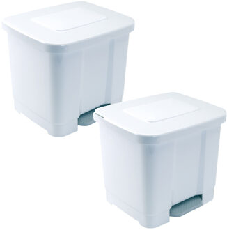 2x vuilnisbak/pedaalemmer - 2-vaks - wit - 35 liter - 43 x 38 x 38 cm - kunststof