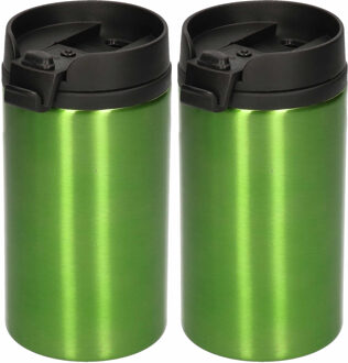 2x Warmhoudbekers metallic/warm houd bekers groen 320 ml - RVS Isoleerbekers/thermosbekers voor onderweg