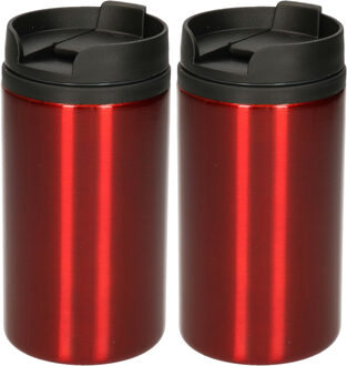 2x Warmhoudbekers metallic/warm houd bekers rood 320 ml - RVS Isoleerbekers/thermosbekers voor onderweg