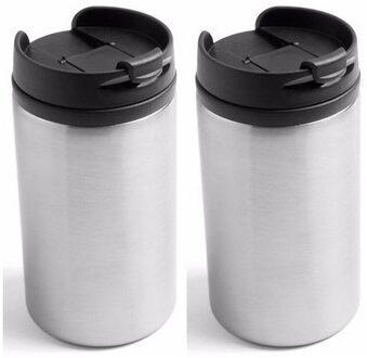 2x Warmhoudbekers/warm houd bekers metallic staal grijs 320 ml - RVS Isoleerbekers/thermosbekers voor onderweg