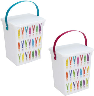 2x Wasknijper bewaarboxen roze en turquoise hengsel 5 liter 23 x 18 cm - knijperszakken