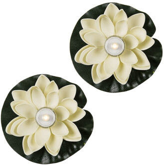 2x waterlelie met led-licht - wit - d13 cm - kunststof - drijvend - werkt op batterijen