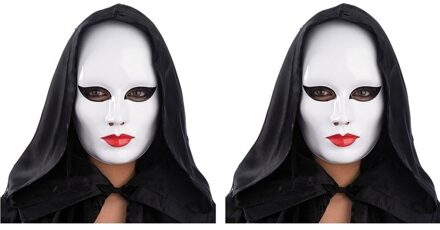 2x Wit gezichtsmasker met rode lippen - Verkleedmasker voor volwassenen