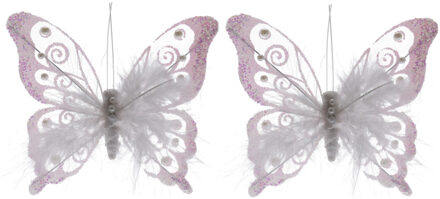 2x Witte decoratie vlinders op clip 15,5 cm