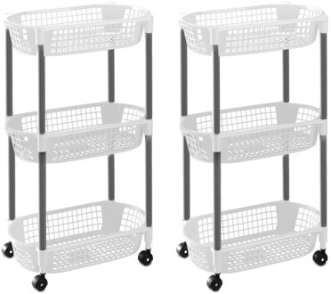 2x Witte opberg trolleys/roltafels met 3 manden 71 cm - Etagewagentje/karretje met opbergkratten