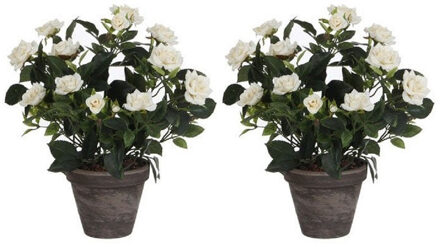 2x Witte Rozen Kunstplant 33 Cm In Pot Stan Grey - Kunstplanten/nepplanten