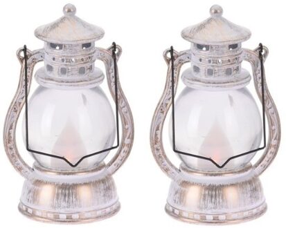 2x Zilver/witte lantaarn decoratie 12 cm vlam LED op batterij