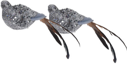 2x Zilveren decoratie vogeltjes/vogels op clip 25 cm