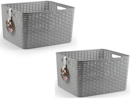 2x Zilveren geweven opbergboxen/opbergmanden 28,5 liter kunststof
