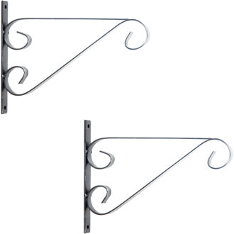 2x Zilveren hangpot haken metaal met krul - 27 x 19 cm - Muurpothangers voor plantenbakken/bloembakken - Tuin/muur decoraties