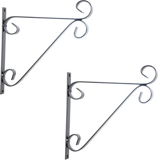 2x Zilveren hangpot haken metaal met krul - 28 x 28 cm - Muurpothangers voor plantenbakken/bloembakken - Tuin/muur decoraties