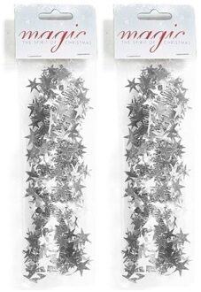 2x Zilveren spiraal slingers met sterren 750cm voor kerstboom