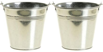 2x Zinken emmertjes/bloempotjes zilver 9 cm - Zinken emmertjes - Bloememmertje - Decoratie emmer