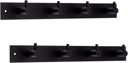 2x Zwarte garderobekapstokken / jashaken / wandkapstokken metaal 4-haken 4,3 x 32,2 cm - Kapstokhaken