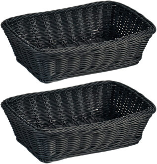 2x Zwarte gevlochten fruitmanden/broodmanden rechthoekig 20 x 30 x 8,5 cm - Tafel dekken - Fruitmand/fruitschaal zwart - Broodmand