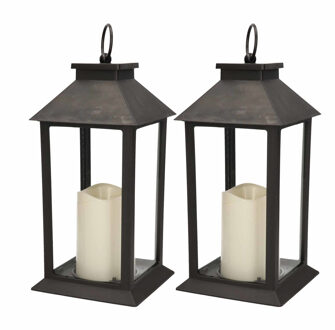2x Zwarte LED licht lantaarns met kaars 33 cm