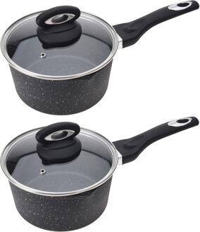 2x Zwarte steelpannen met glazen deksel 18 cm - Keukenbenodigdheden - Kookbenodigdheden - Koken - Pannen - Sauspannen/juspannen - Aluminium steelpannen