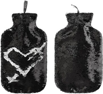 2x Zwarte/zilveren kruik met omkeerbare pailletten 2 liter - Kruiken - Glitter pailletten hoes - Warmwaterkruik met hoes/kruikenzak