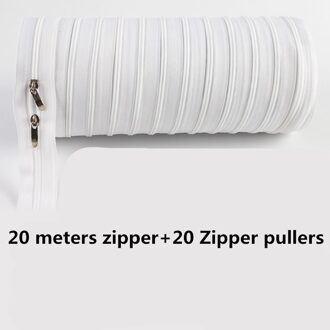 3 #20 meters rits + 20 Rits trekkers Wit Nylon ritsen voor naaien Dubbele Sliders Naaien Craft