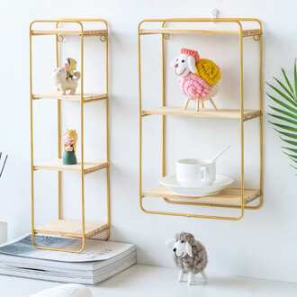 3/4 Lagen Nordic Iron Rechthoekig Raster Muur Opslag Rack Plank Muur Opknoping Geometrische Figuur Display Ambachten Decoratieve Planken 3 layers / Goud