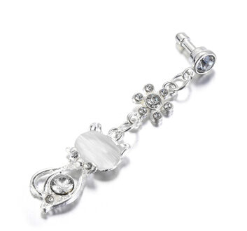 3.5Mm Jack Leuke Strass Kat Stof Plug Oortelefoon Poort Universele Anti-stof Voor Samsung Iphone wit