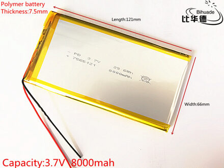 3.7 V, 8000 mAH, 7566121 PLIB; lithium polymeer ion/Li-Ion batterij voor GPS, mp3, mp4, mp5, dvd, bluetooth, model speelgoed mobiele bluetooth