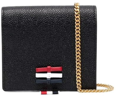3-Bow Card Holder W/ Chain Strap IN Pebble Grain Leather - L12, H13, W3 Thom Browne , Black , Dames - ONE Size