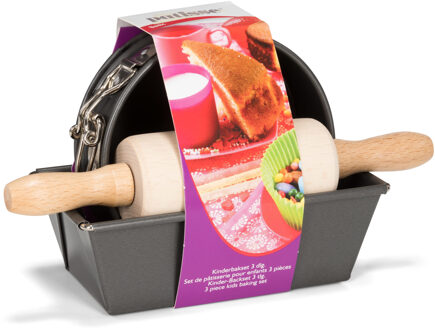 3-Delige antraciet bakset voor kinderen - Cakevorm - Taartvorm - Springvorm - Deegroller Zwart