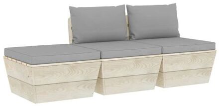 3-delige Loungeset met kussens pallet vurenhout Grijs