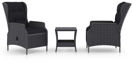 3-delige Loungeset met kussens poly rattan donkergrijs