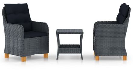 3-delige Loungeset met kussens poly rattan donkergrijs