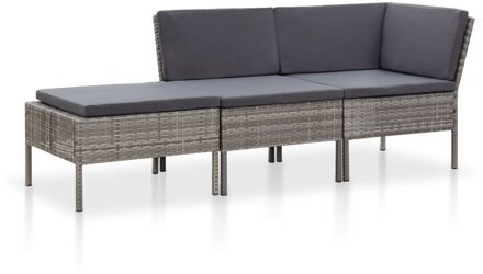 3-delige Loungeset met kussens poly rattan grijs