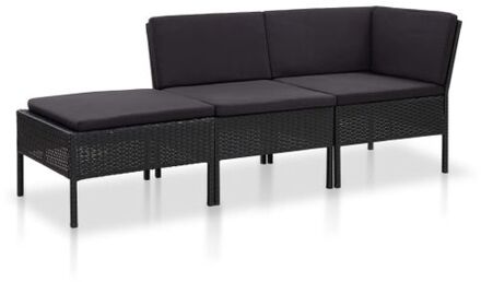 3-delige Loungeset met kussens poly rattan zwart