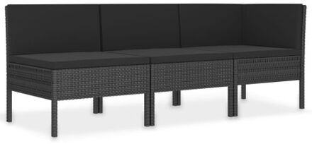 3-delige Loungeset met kussens poly rattan zwart